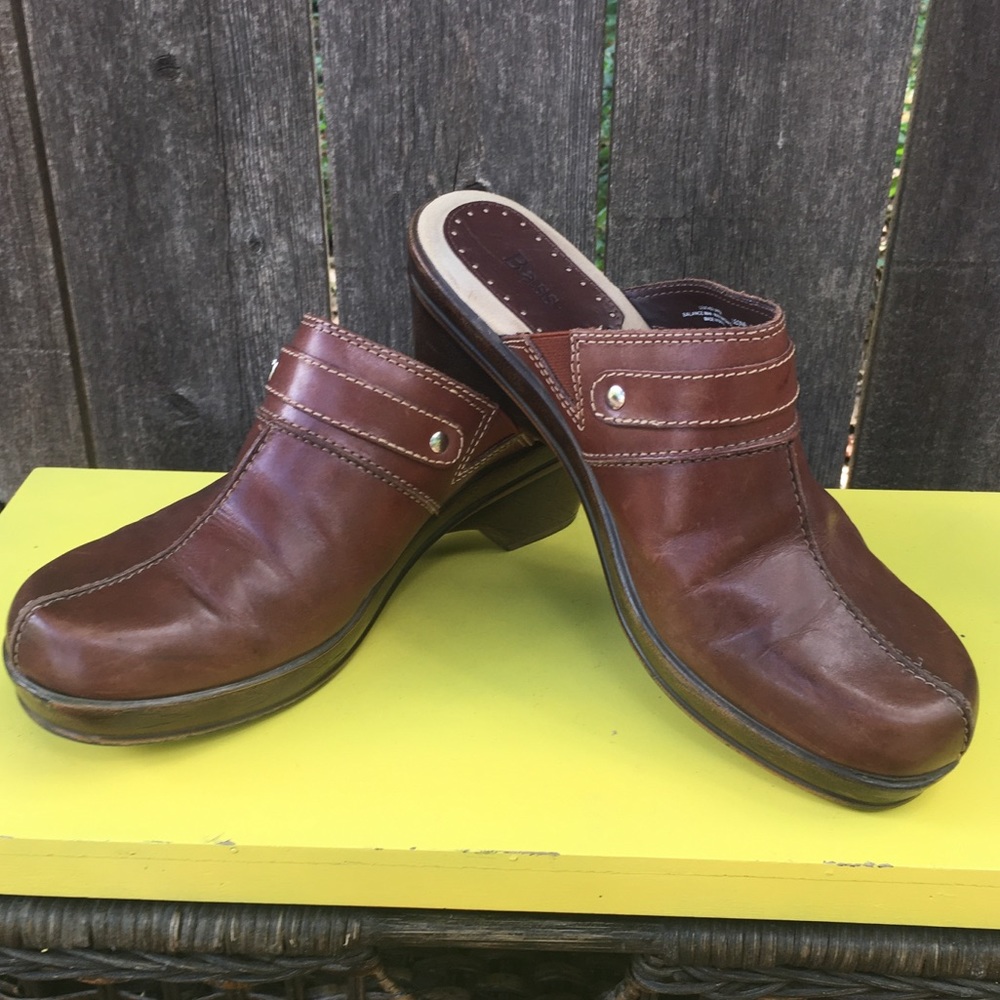 Bass Leona Brown Leather Clog Slip On  Size 9.5